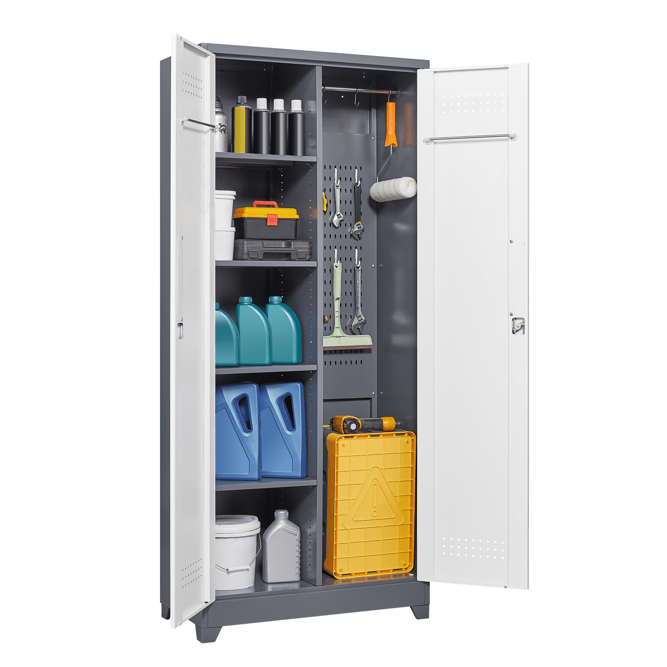 72'' Metal Garage Cabinet, Cleaning Tool Cabinets With Lockable Doors, High Broom Tool Storage Cabinets with Adjustable Shelves, for Kitchens, Offices, Shops, Grey+White