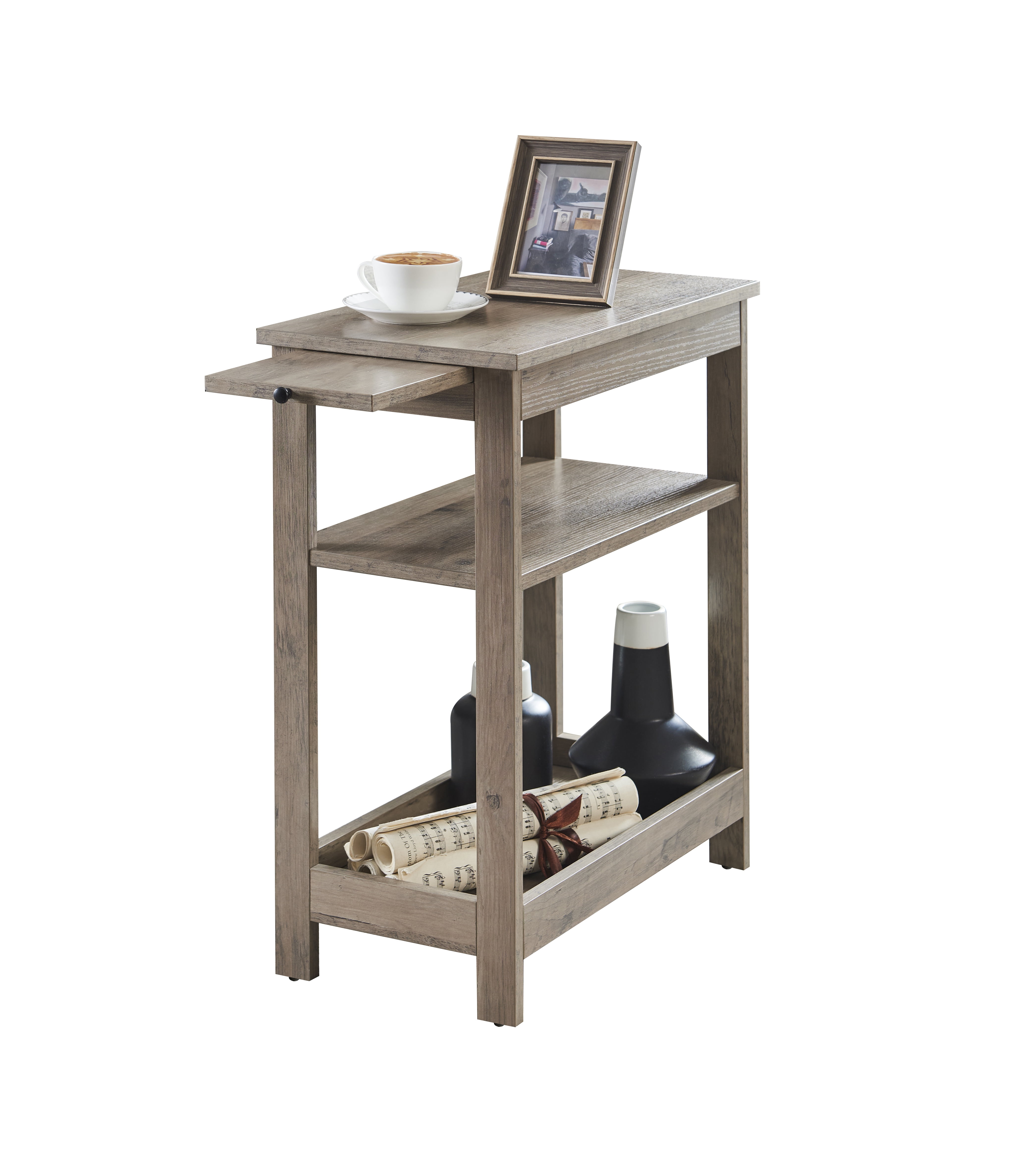 Kings Brand Furniture - Slim Wood Side End Table with Storage Shelves & Pull-Out Tray, Nightstand for Bedroom, Living Room, Walnut