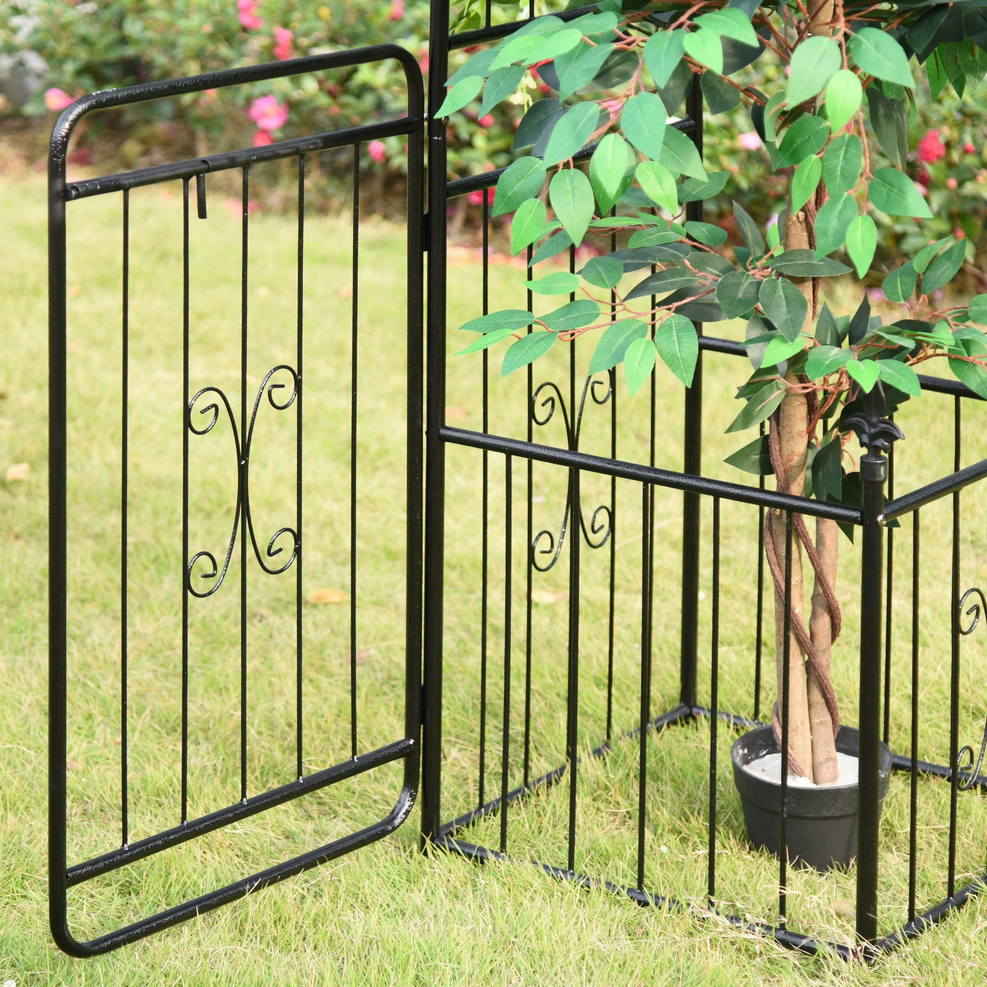 86" Garden Arbor Arch Gate with Trellis Sides for Climbing Plants, Wedding Ceremony Decorations, Grape Vines with Locking Doors, Planter Baskets, Flourishes & Arrow Tips, Black
