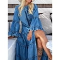 thumbnail image 4 of Vestido largo de mezclilla para mujer, vestido largo irregular con cuello redondo, vestido elegante informal de fiesta de manga larga, vestido liso con abertura y volantes, 4 of 4