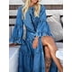 thumbnail image 4 of Vestido largo de mezclilla para mujer, vestido largo irregular con cuello redondo, vestido elegante informal de fiesta de manga larga, vestido liso con abertura y volantes, 4 of 4