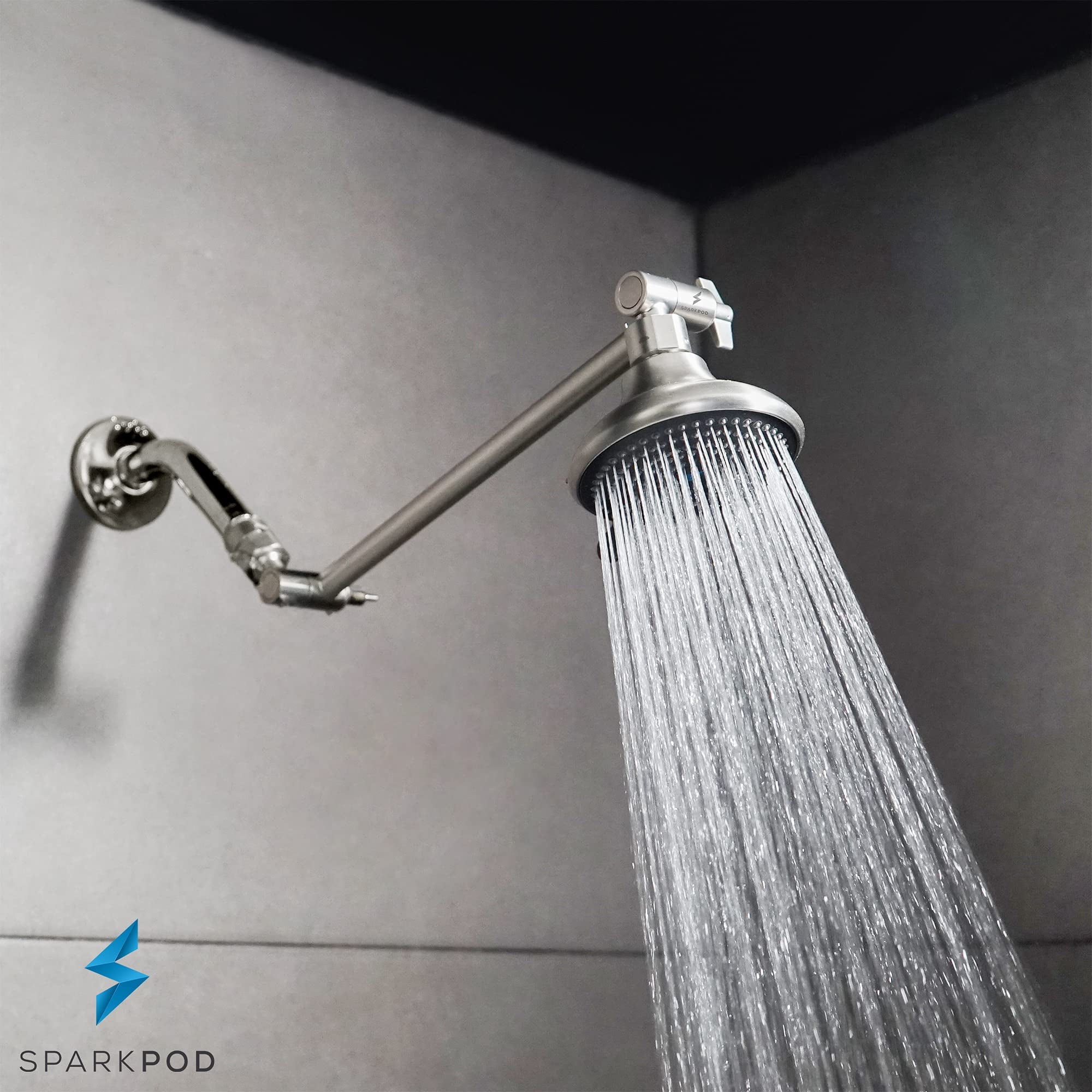 SparkPod Adjustable Shower Head Extension Arm - 11" Brass Rain Shower Arm with Universal Fit (Elegant Brushed Nickel)