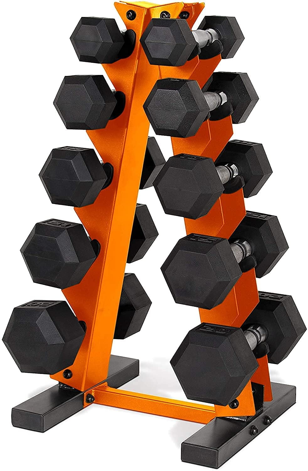 WF Athletic Supply 525Lb Rubber Coated Hex Dumbbell Set with A Frame