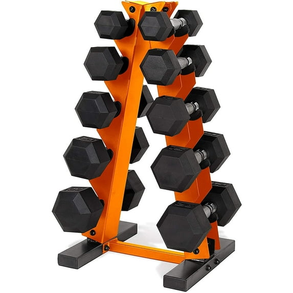 WF Athletic Supply 5-25Lb Rubber Coated Hex Dumbbell Set with A Frame Storage Rack Non-Slip Hex Shape for Muscle Toning, Strength Building & Weight Loss - Multiple Choices Available