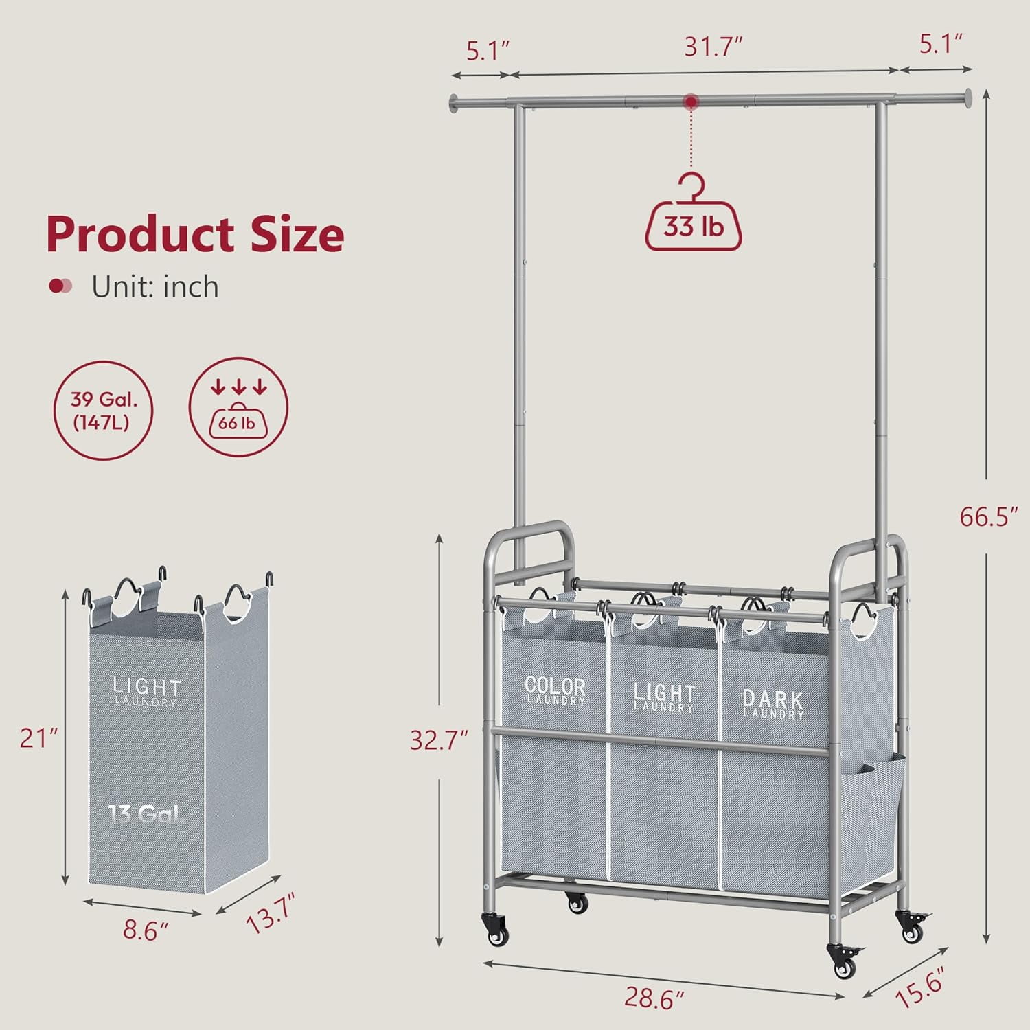 Laundry Sorter with Hanging Bar, 3 Section Rolling Laundry Hamper with Heavy Duty Lockable Wheels, Laundry Basket with Hanging Rack for Bedroom, 3 Gray