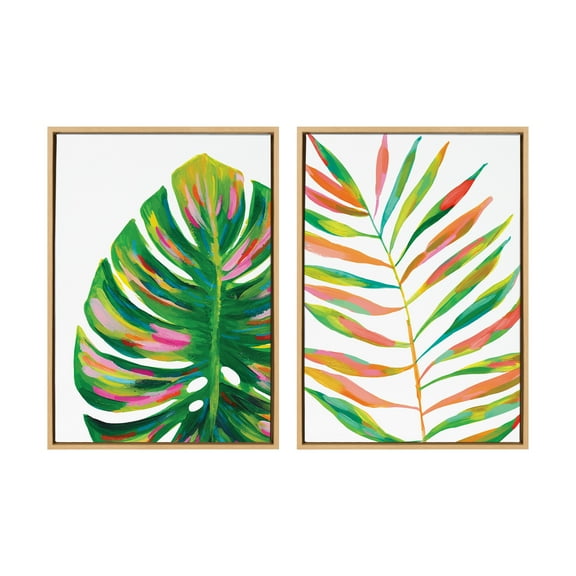 Kate and Laurel Sylvie EV Monstera and EV Palma No 2 Framed Canvas Wall Art Set by Jessi Raulet of Ettavee, 2 Piece 23x33 Natural, Colorful Plant Leaf Art Set for Wall