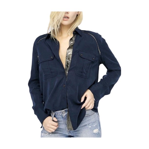 Free People Camisa con botones fuera del campus para mujer, azul, pequeña Free People Camisa con botones