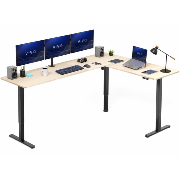 VIVO Light Wood / Black Electric 84" x 63" Corner Desk, L-Shaped Workstation