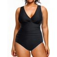 thumbnail image 4 of GHSDFBB Women Plus Size One Piece Swimsuits V Neck Tummy Control Bathing Suits Retro Ruched Swimwear, 4 of 6