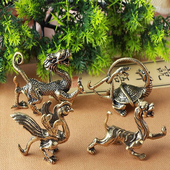 Adornos de cuatro bestias divinas de latón Qinglong Tigre blanco pinzón rosa Xuanwu cuadrado de bronce sala de estar salón de té muebles para el hogar