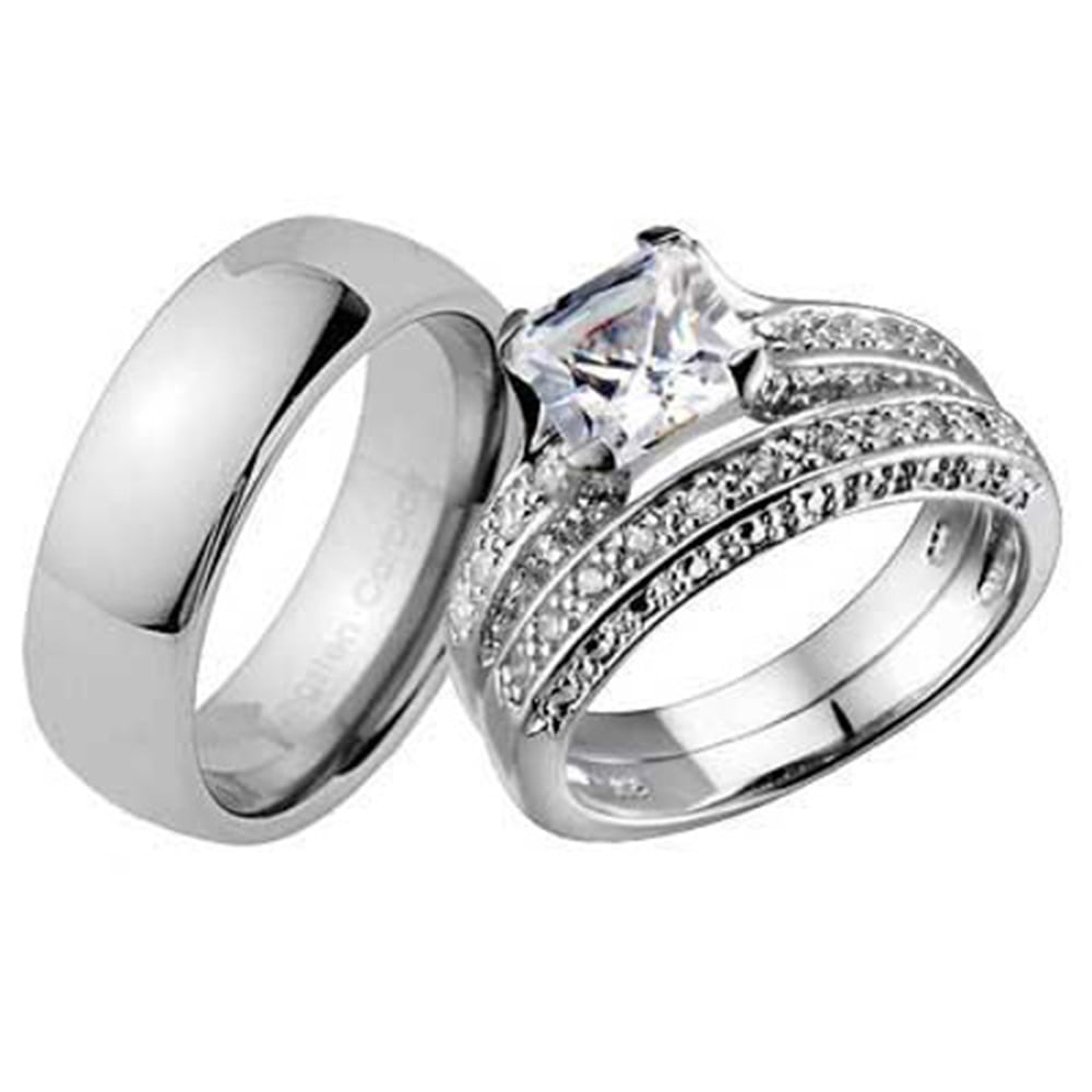 His Tungsten Hers Sterling Silver Princess Cut CZ Wedding Ring Band Set 