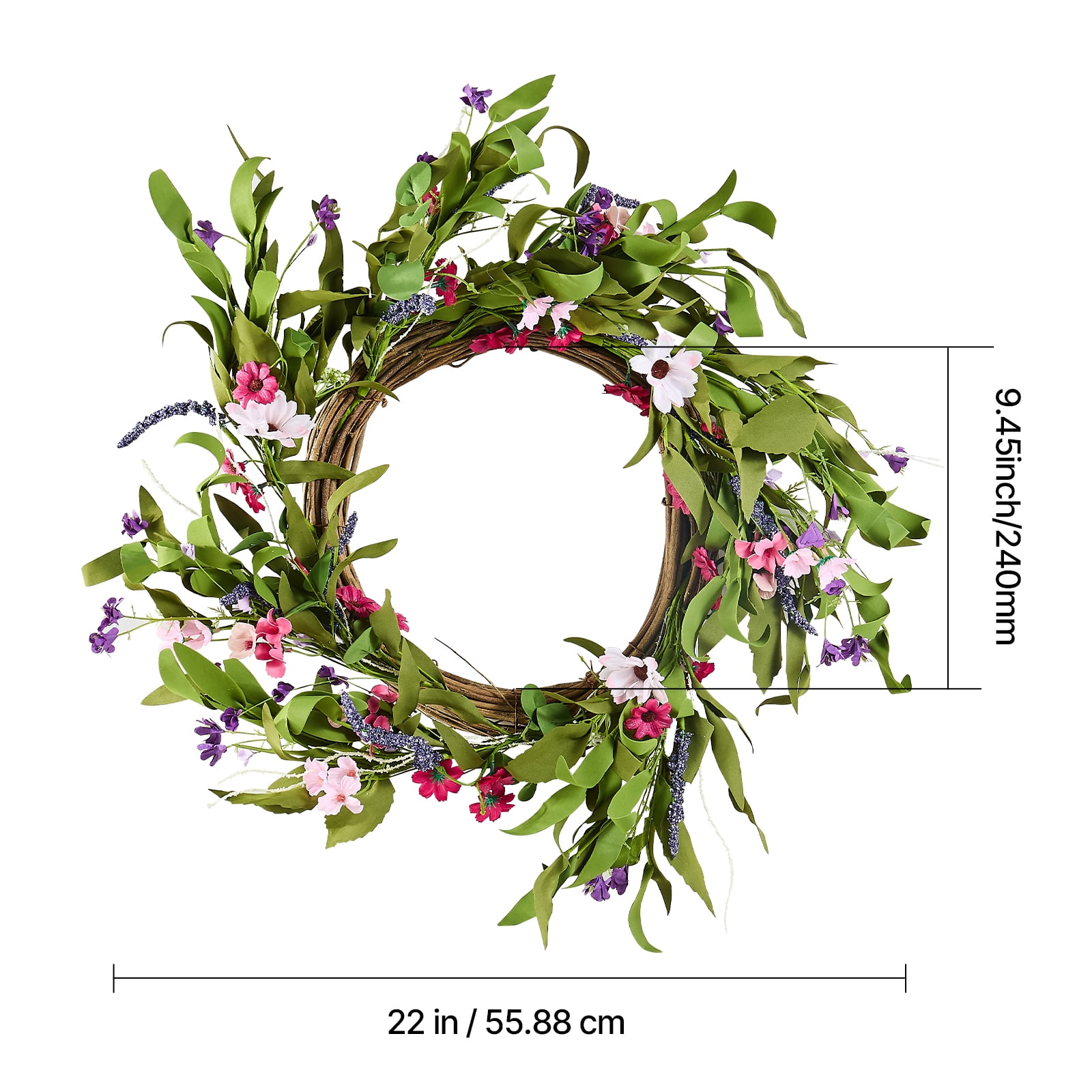 KFFKFF 22-Inch Artificial Decorative Wreath, Pink and Green, Adorned with Daisies, Baby's Breath, and Buds, Versatile Year-Round Decoration for Indoor and Outdoor Use, Perfect for Home, Wall, Window
