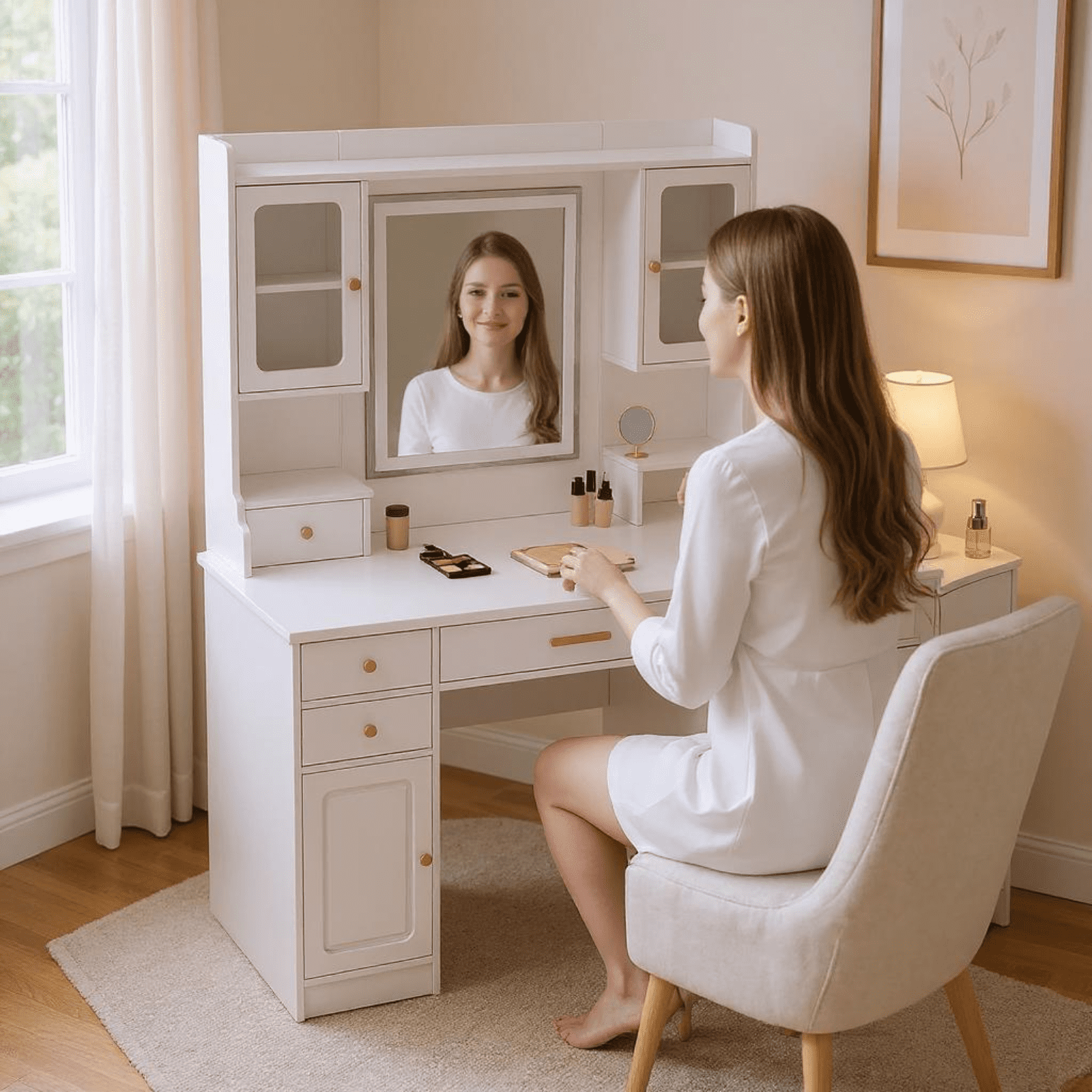 Homy Casa Vanity Desk with Mirror, Makeup Table with 6 Drawers & 2 Shelves, for Bedroom, White