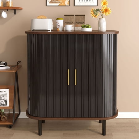 S-HOME Modern 28 Inch Fluted Wine Bar Cabinet with 8-Grid Wine Rack and Adjustable Shelves Sliding Doors 4 Hidden Storage Space on the Side for Home Storage Black