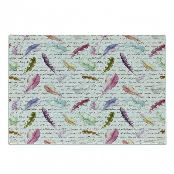Feather Cutting Board, Colorful Feathers and Hand Written Text Romantic Retro Style Antique Design, Decorative Tempered Glass Cutting and Serving Board, Small Size, Multicolor, by Ambesonne