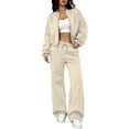 thumbnail image 2 of Women Sweatsuits 2 Piece Set Zip Up Sweatshirt and Wide Leg Sweatpants Set Beige XL, 2 of 5