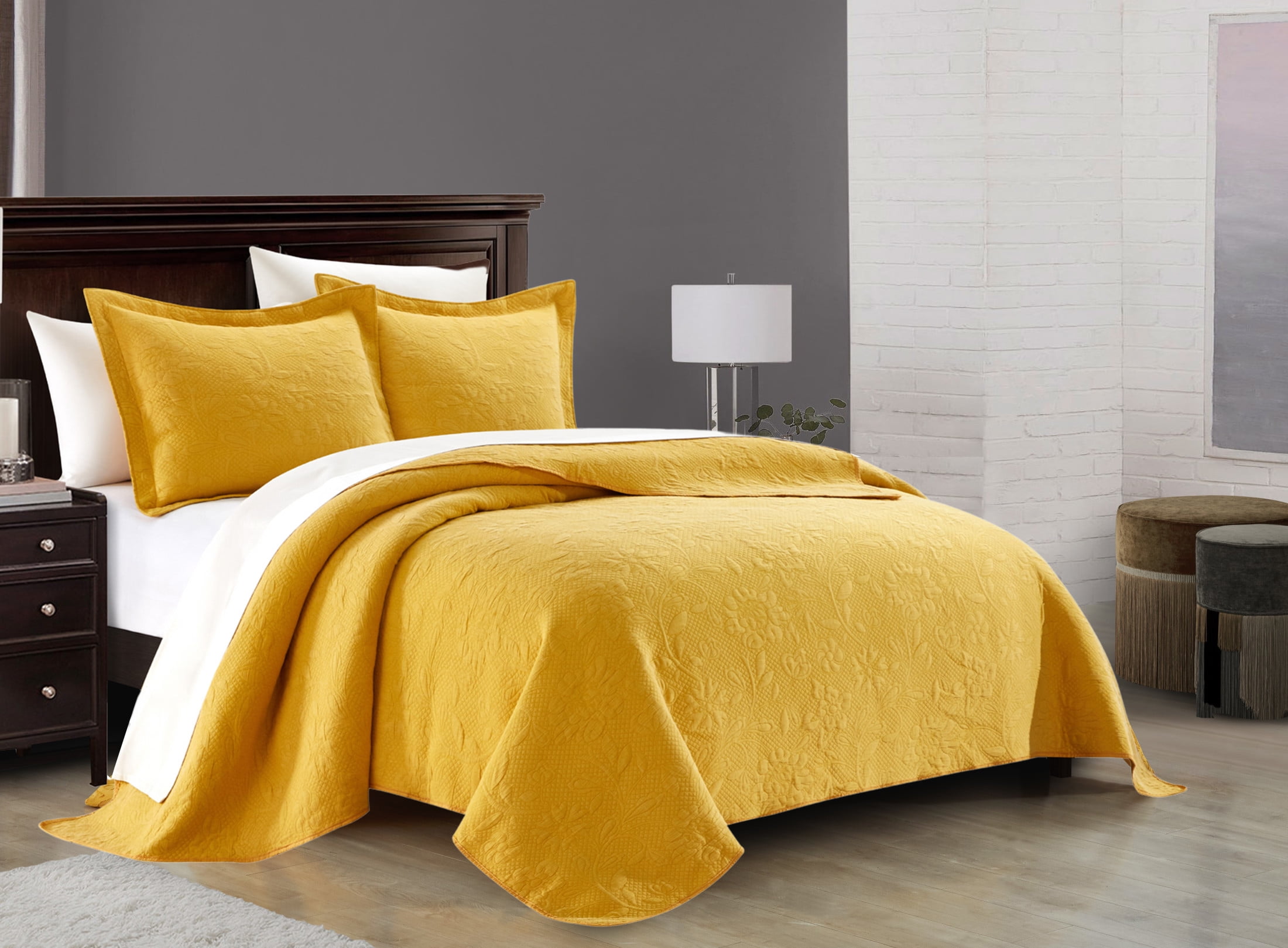 Chic Home Arron 3-Piece Floral Cotton Quilt Set, King, Mustard