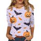 thumbnail image 1 of Camiseta de manga 3/4 con temática de Halloween para mujer con estampado de murciélagos y árboles: top informal de otoño, 1 of 5