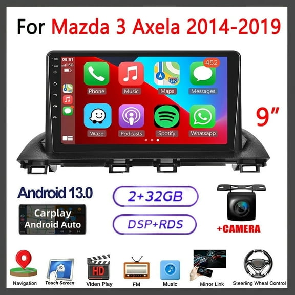 Guwzn Car Stereo Radio for Mazda 3 Axela 2014-2019 9" Touchscreen 2 32G Vehicle GPS Navigation Wireless CarPlay Android Auto