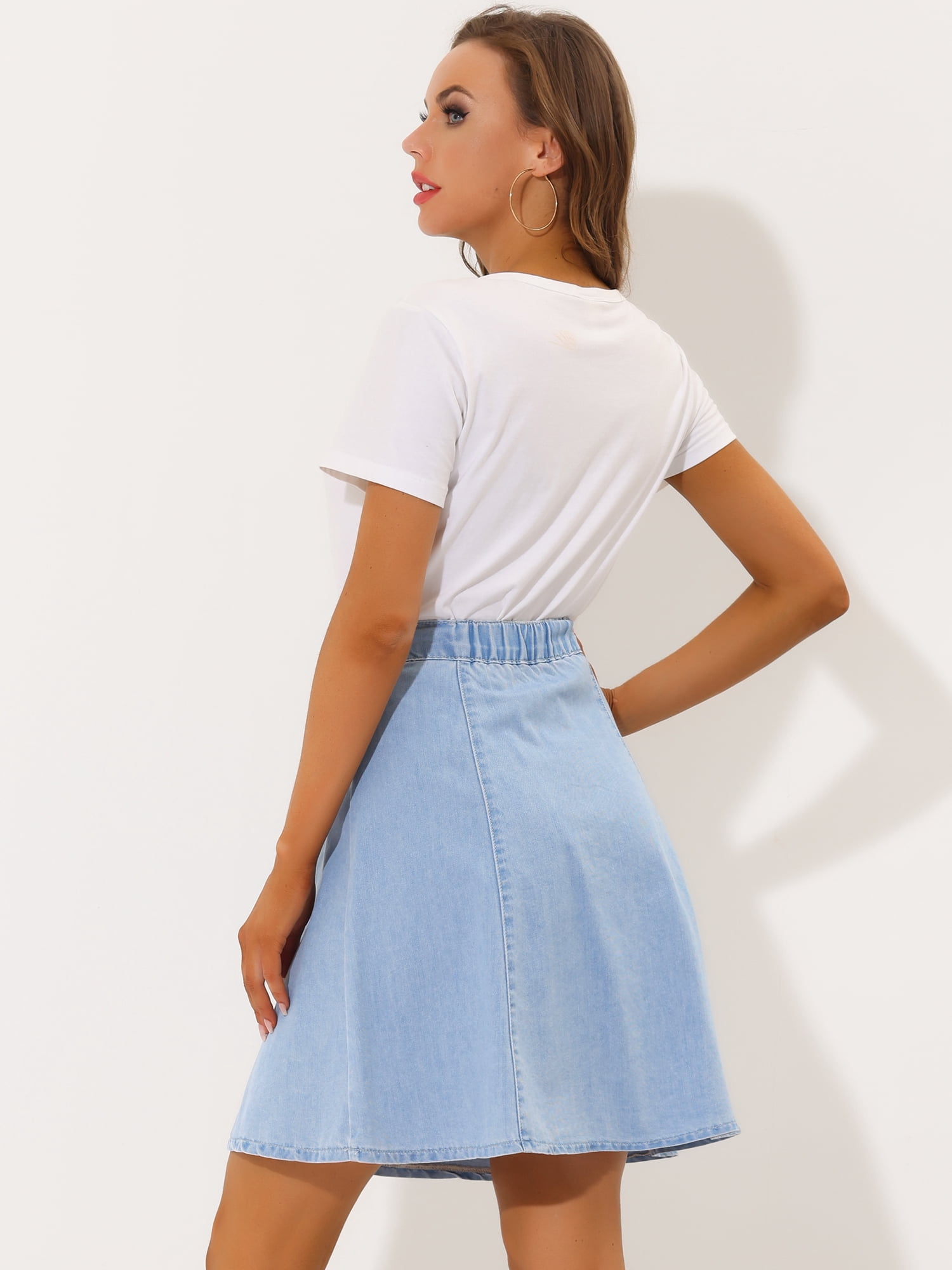 DARING DIVA Women's A-Line Flared Pleated Midi Denim Skirt M Sky Blue