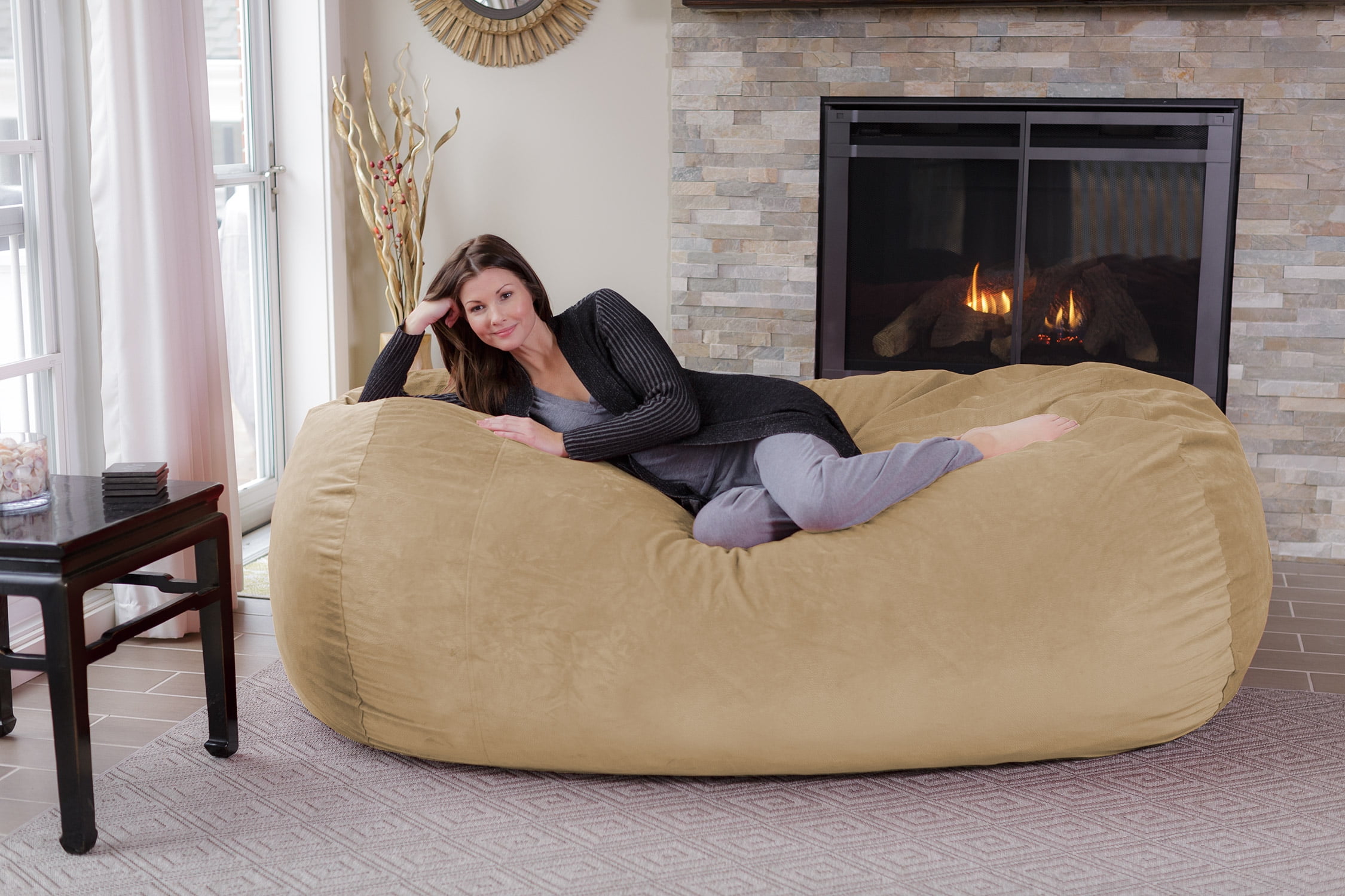 Chill Sack Bean Bag Chair, Memory Foam Lounger with Microsuede Cover, Kids, Adults, 7.5 ft, Tan Pebble