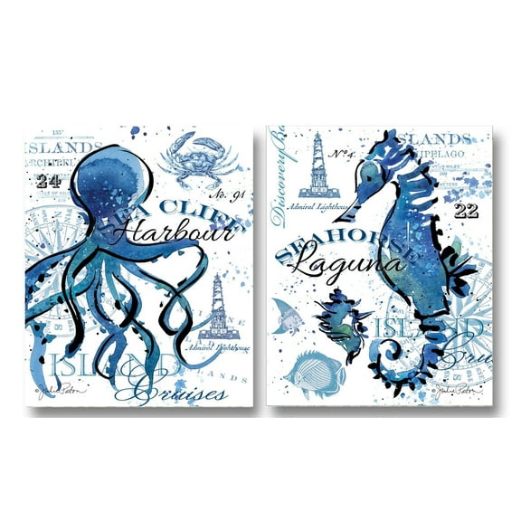 Blue and White Watercolor-Style Nautical Seahorse and Octopus Adult Set; 2- 11" x 14" Unframed Prints