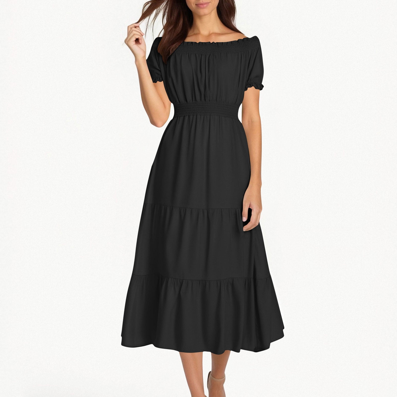 gljltg Ladies Elegant Summer One-shoulder Solid Color Short-sleeved Elastic Waist Women's Dress with Print, Stylish Fashionable for Women, Ladies, Suitable for Casual, Party, Daily, Beach