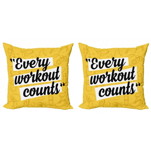 Ambesonne Fitness Throw Pillow Cover 2 Pack, Every Workout Counts, 24", Yellow White and Black