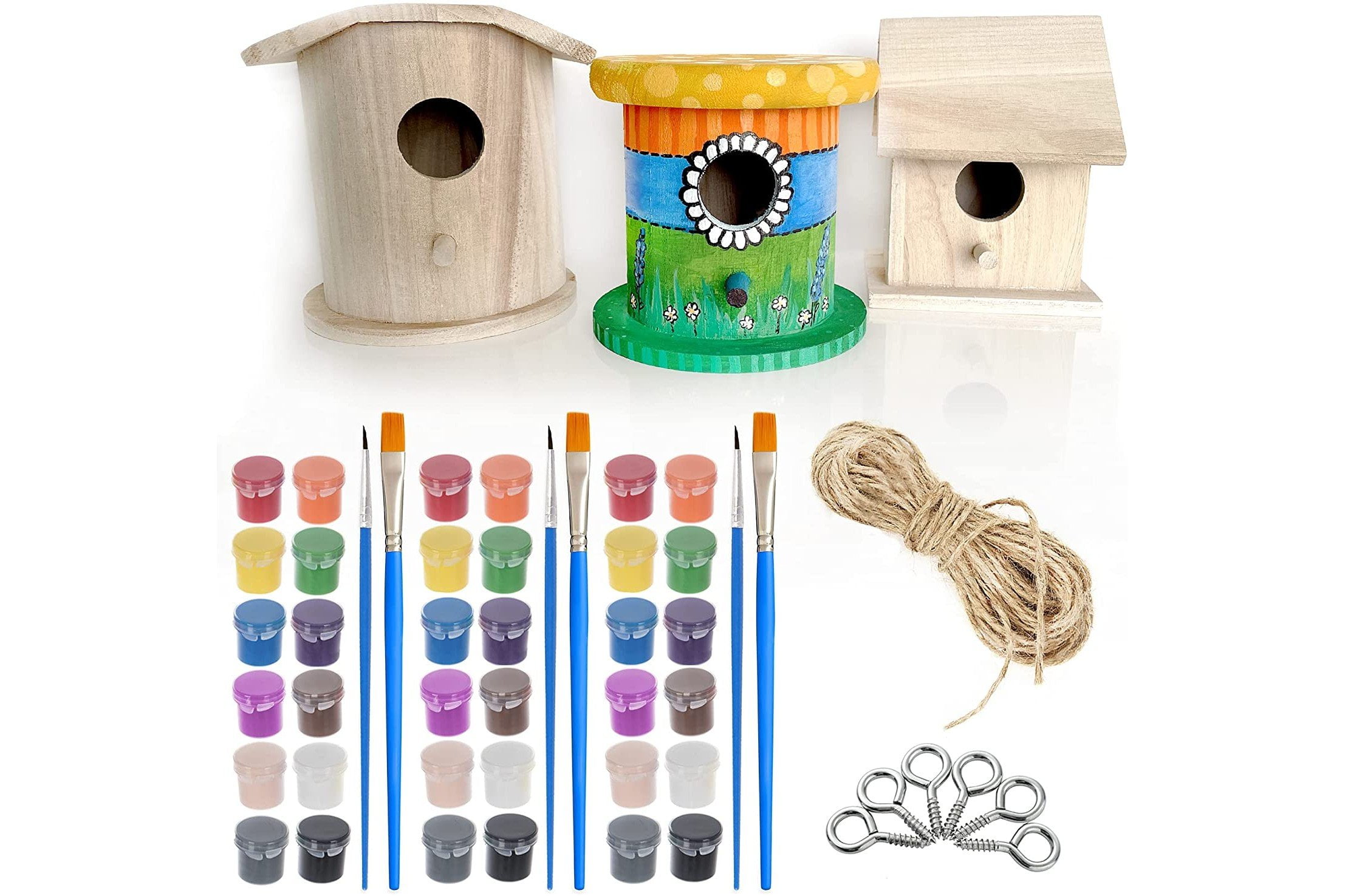 Kids Fun Play Blank Wood Birdhouse Paint Your Own Nesting Box Art Craft Brushes 