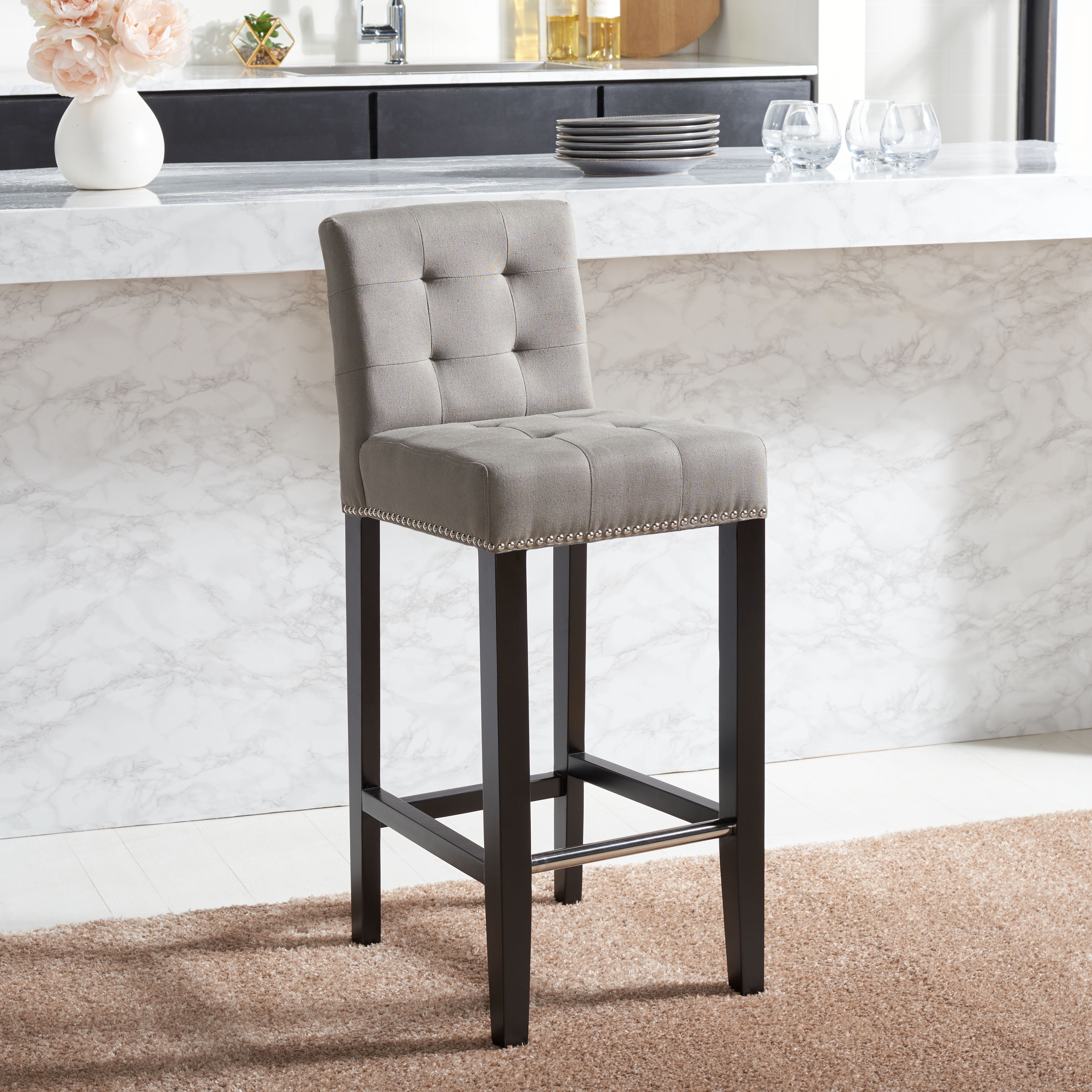SAFAVIEH Thompson Rustic Glam Tufted Bar Stool with Footrest, Sea Mist