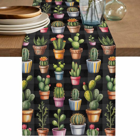 Tropical Cactus Table Runner 36 Inches, Spring Summer Potted Plants Black Plaid Bed Runner Dresser Scarves Tabletop for Indoor Outdoor Parties/Ceremony/Banquet, 13"x 36"