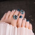 thumbnail image 2 of Blue Color Japanese Style Summer Wearable Foot Fake Nails Short Length Paillette Faux Rhinestone Decor Finished Nails, 2 of 10