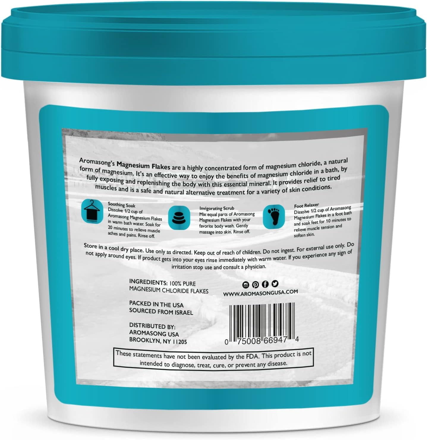 Aromasong Raw Dead Sea Magnesium Flakes for Bath 4 lb Bulk Reusable Bucket