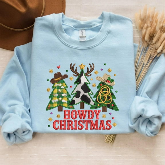 Howdy Christmas Embroidered Sweatshirt, Christmas Western Cowboy Tree Holiday Embroidered Shirt, Merry Christmas Hoodie, Winter Holiday Gift