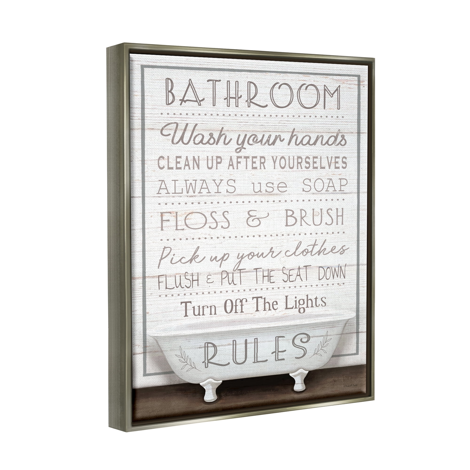 Stupell Industries Rustic Bathroom Rules Tub Typography Painting Gray Floater Framed Canvas Art Print Wall Art, 17 x 21