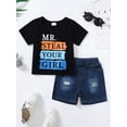 thumbnail image 4 of CARETOO Toddler Boy Clothes Summer Casual Sports Outfits Short Sleeve T Shirt Tee Denim Shorts Cotton Fabric Set, 4 of 11