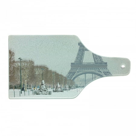 

Winter Cutting Board Eiffel Tower in Snow Outdoors Champ de Mars Tourist Attraction Paris France Tempered Glass Cutting and Serving Board Wine Bottle Shape White Brown Green by Ambesonne