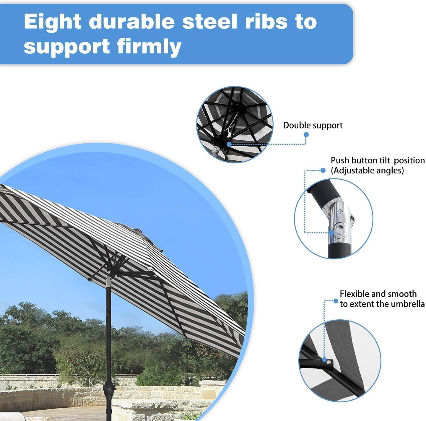 Devoko  9FT Patio Umbrella Outdoor Table Umbrella with 8 Sturdy Ribs, Black/White