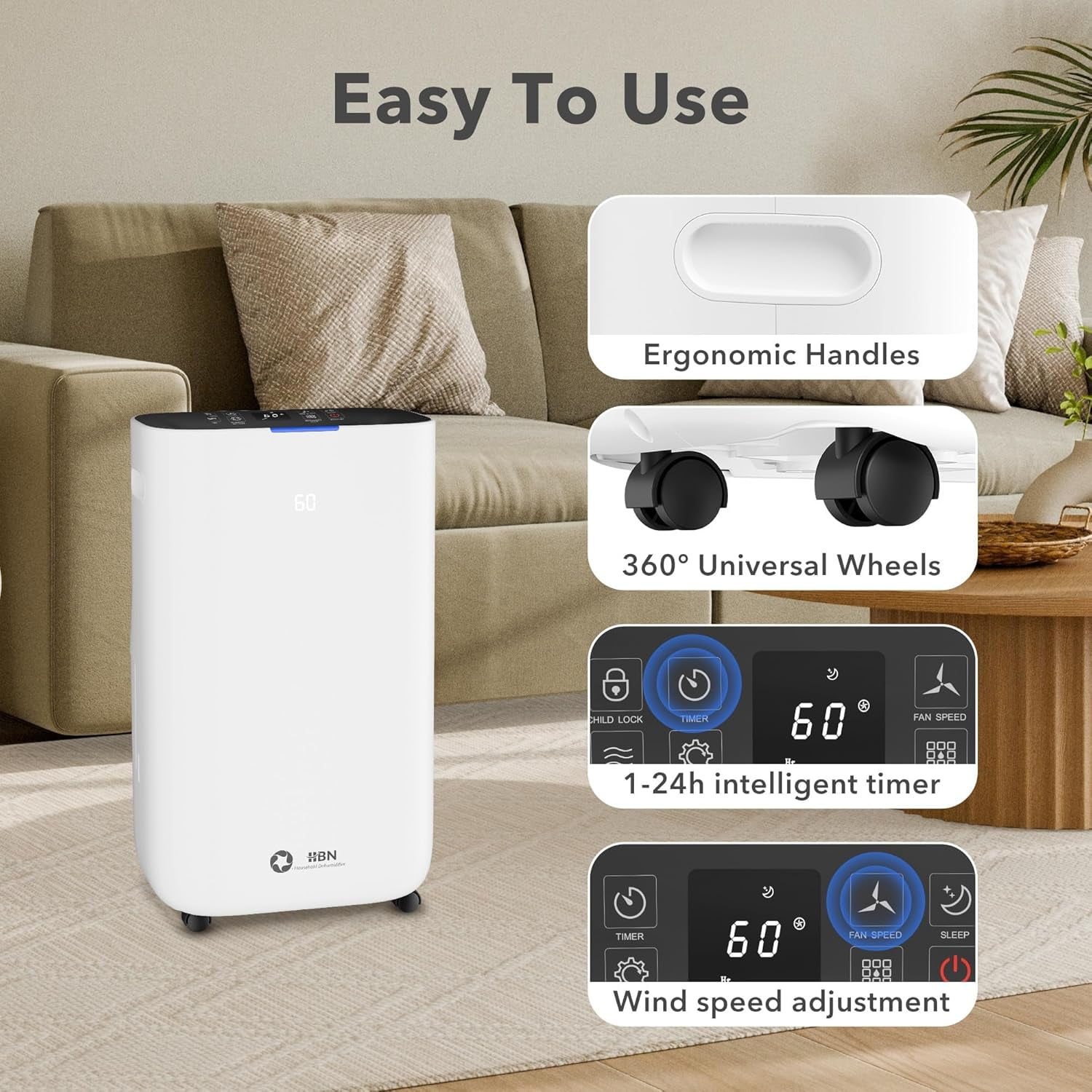 HBN Max 80 Pint Smart Dehumidifier for Home, 4500 Sq.ft Efficient Dehumidifier with Drain Hose, 1.71 Gallon Water Tank, Intelligent Humidity Dehumidifiers for Basement, Bedroom, Bathroom