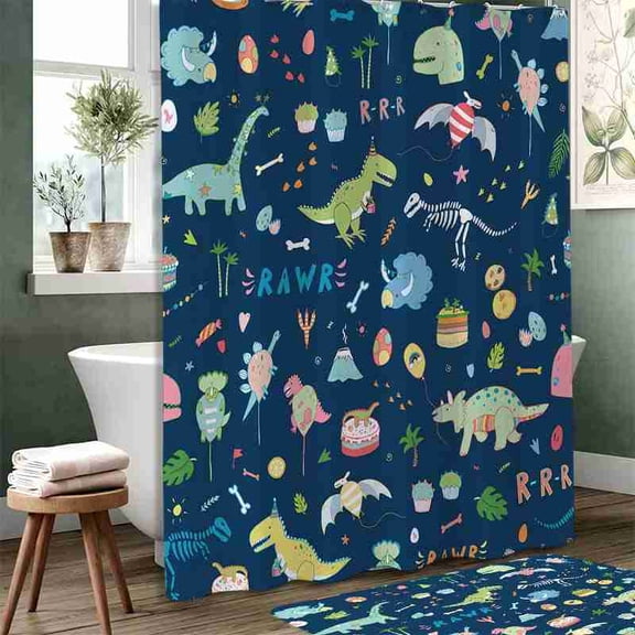 70x70 inch Navy Blue Cartoon Dinosaur and Bones Shower Curtain, Waterproof Polyester Fabric with Hooks for Kids Bathroom Decor