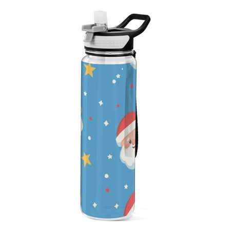 

Christmas Cute Santa Faces Stars Transparent Sports Water Bottle with Straw BPA Free Tritan 32oz for Gym Camping