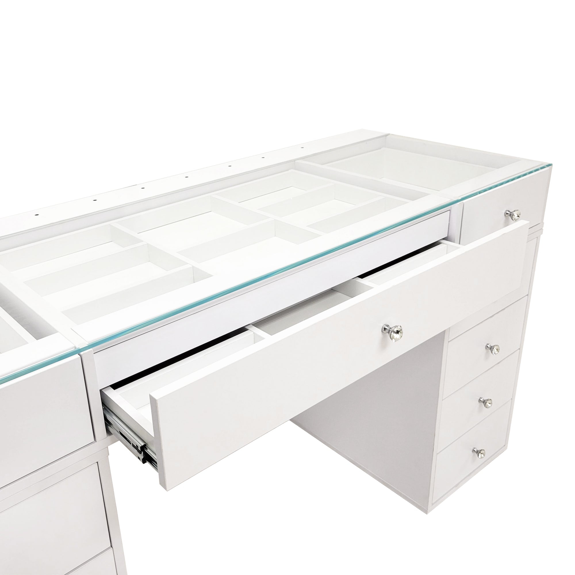 Impressions Vanity Naomi Desk with Mirrored Glass Top, Makeup Set & 10 Storage Drawers, White