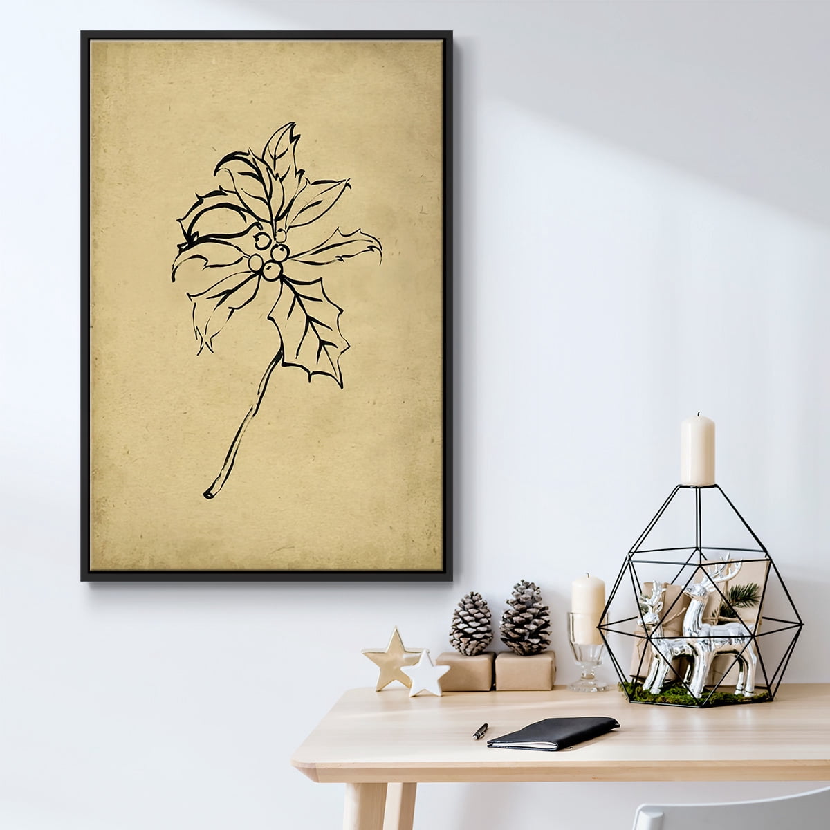 Holly Branch II - Framed Gallery Wrapped Holiday Canvas - 27 x 41 - Black Frame