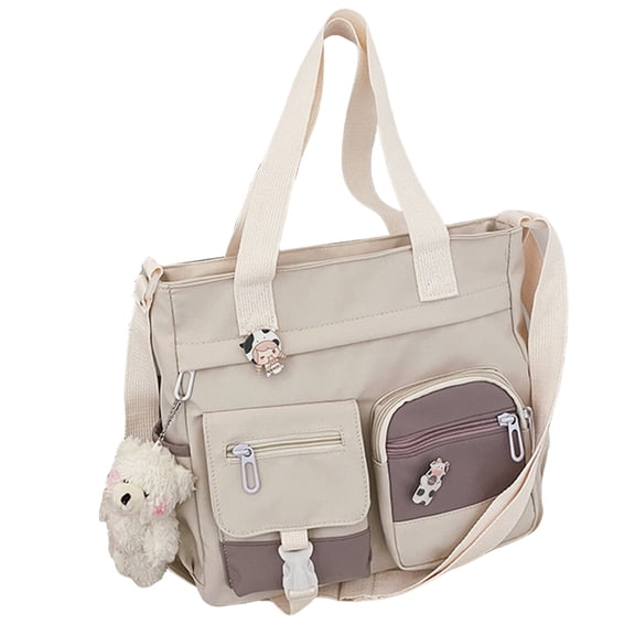 HUISZJ Laptop Tote Bag, Multi-Pocket Handbag with Bear Pendant, School Tote Bag for Women Student (White)