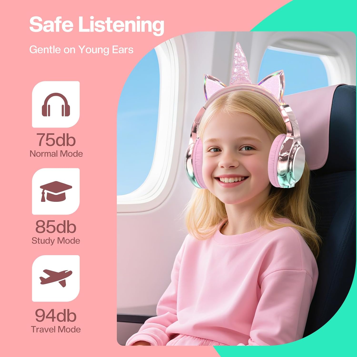 QearFun Cat Ear Kids Headphones, 60H Playtime, Pink photo 3