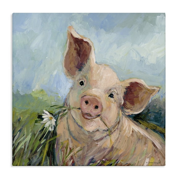 Stupell Industries Whimsical Pig & Daisy Painting Animals Painting Wrapped Canvas Canvas Art Print Wall Art, 17 x 17