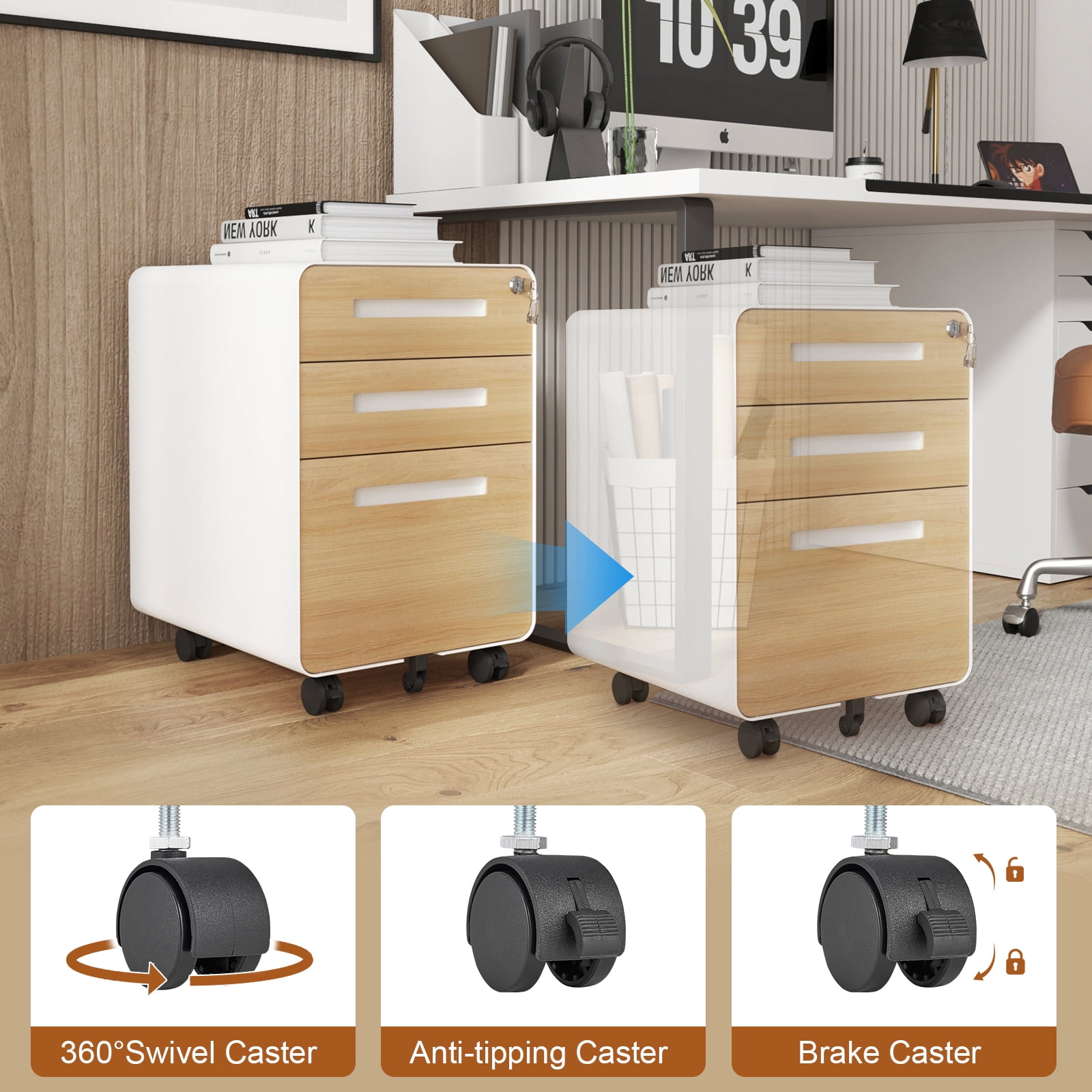 3 Drawer Mobile File Cabinet with Lock,Rolling File Cabinets,Under Desk Small File Caninet on wheels,Metal Vertical Filing Cabnet for Legal/Letter/A4,Fully Assembled