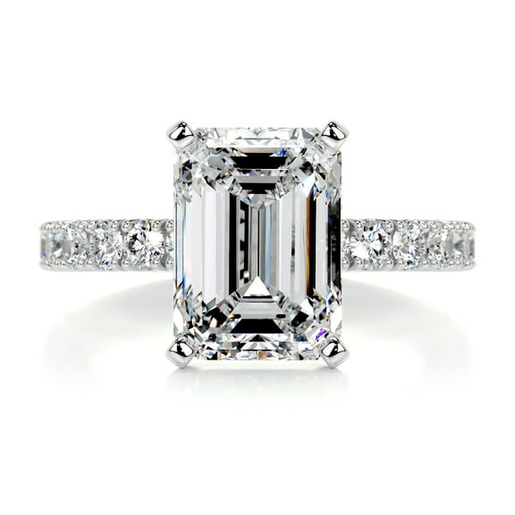 First Jewel White Gold Over 14K Silver Diamond Ring - Emerald Cut Excellent 2.4 Ct Diamond Ring For Women's - Engagement Wedding Diamond Ring for Her - Solitaire with Accent Diamond Ring for Her