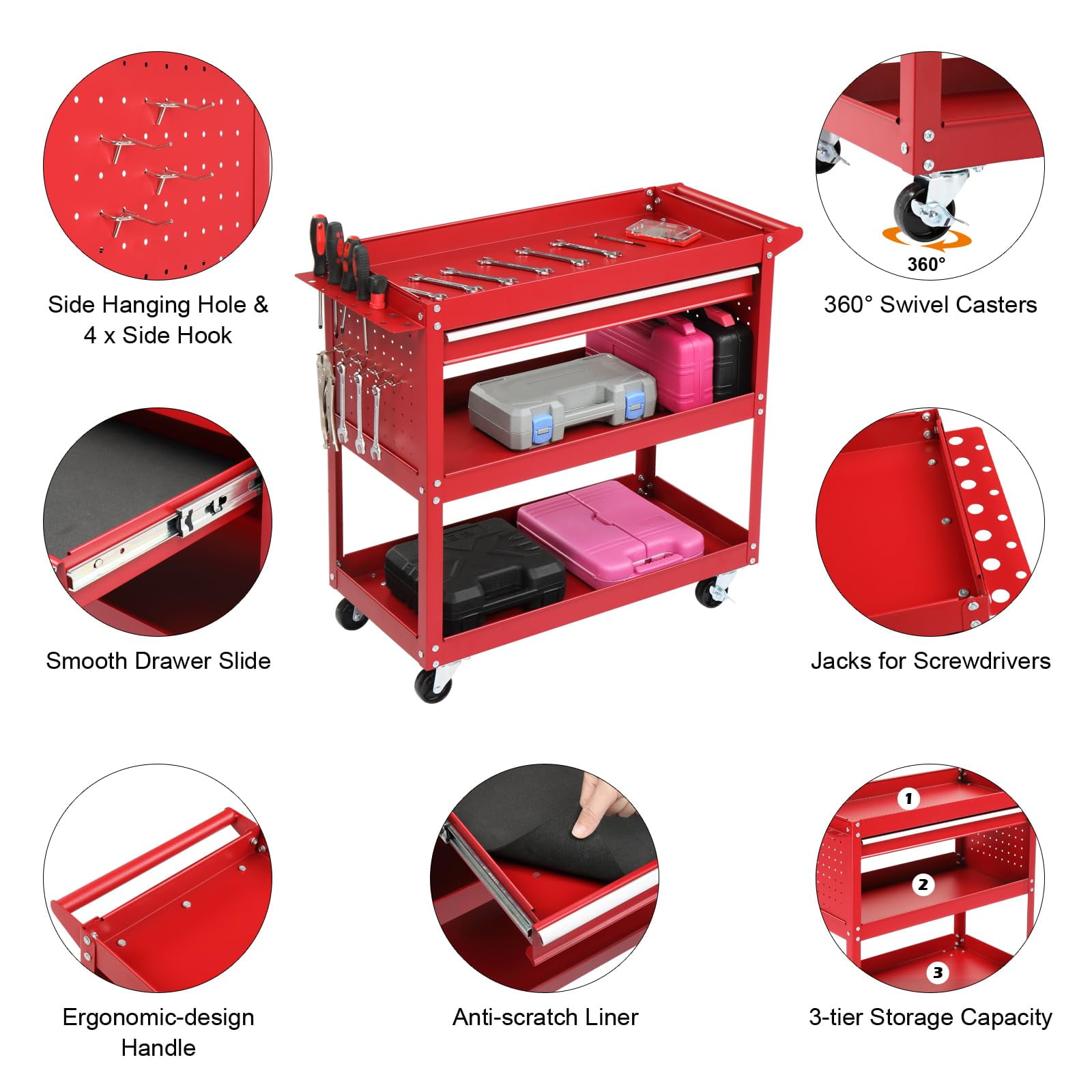Yardmaster Heavy Duty Rolling Tool Cart, Industrial Utility Cart with Side Hooks, Pegboard, Shelf, 1 Drawer, 3-Tier Tool Box on Wheels, Red Powder-Coated Finish