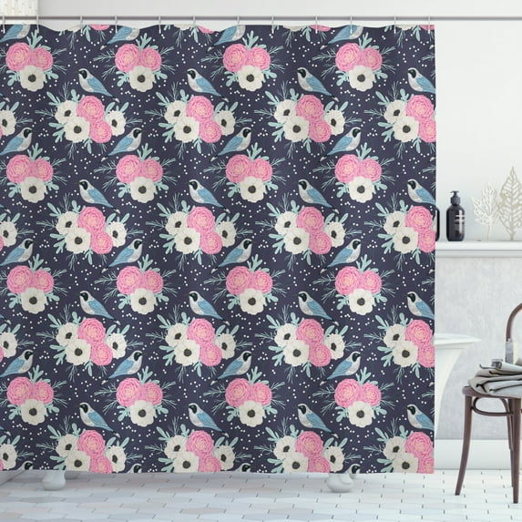 Floral Shower Curtain, Winter Flowers Birds Pink Camellias with White Anemone Petals Carnation Branches, Fabric Bathroom Set with Hooks, 69W X 75L Inches Long, Multicolor, by Ambesonne